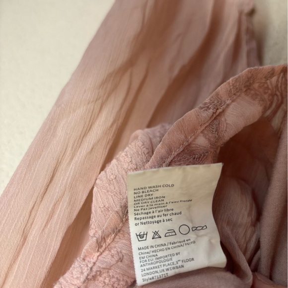 Tiny Anthropologie Blush Pink Embroidered Chiffon Long Sleeve Peasant Blouse S - Picture 9 of 12